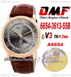 OMF Villeret gecompliceerde functie A6554 Automatische heren Watch V3 40mm 6654-3613-55B Rose Gold Gray Dial Roman Markers Bruin lederen Riem Super Edition Puretime E5