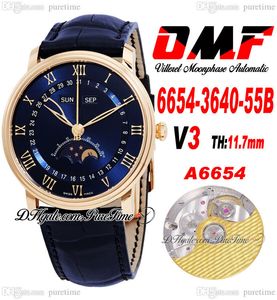 OMF Villeret gecompliceerde functie A6554 Automatic Mens Watch V3 40mm 6654-3640-55B Rose Gold Blue Dial Roman Markers Black Leather Riem Super Edition Puretime G7