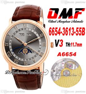 OMF Villeret gecompliceerde functie A6554 Automatische heren Watch V3 40mm 6654-3613-55B Rose Gold Gray Dial Roman Markers Bruin lederen Riem Super Edition Puretime E5