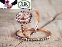 Omhxzj hele Europese mode vrouw man feest bruiloft cadeau luxe vierkant zwart topaz zircon zirkon 18kt rose gouden ring set rr5366272083