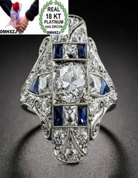 OMHXZJ toda la moda europea mujer hombre fiesta regalo de boda rectángulo topacio azul circón anillo de oro blanco de 18 quilates RR6206649096