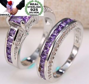 OMHXZJ toda la moda europea mujer hombre fiesta regalo de boda cuadrado amatista 925 anillo de plata esterlina conjunto RR769130683