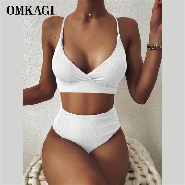 Omkagi Femmes Maillot de bain côtelé Taille haute Solide Noir Blanc Push Up Bikini Ensembles Maillots de bain Femme avec maillot de bain rembourré 210702