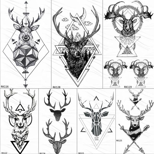 OMMGO géométrique wapiti bois temporaire Triangle tatouages rond flèche cerf losange tatouage corps Art bras noir faux 3D Tatoos autocollant