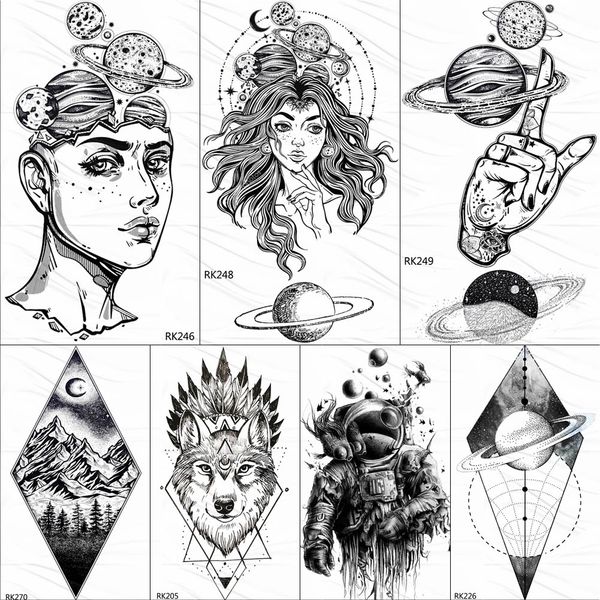 OMMGO Outspace mujeres planeta cerebro tatuaje temporal pegatina impermeable negro geométrico montaña tatuajes arte corporal tatuaje falso papel