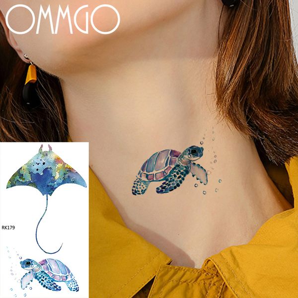 OMMGO acuarela tatuaje pegatina tortuga diablo pez marino tatuajes temporales para mujeres niños dibujos animados tatuajes falsos arte corporal niños