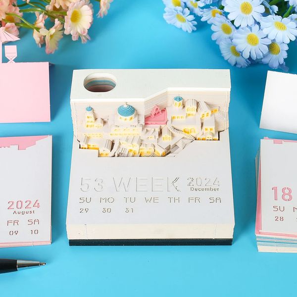 Omoshiroi bloc 2024 calendrier 3D bloc-Notes Santorin Art avec Led bloc-Notes papier Notes bureau décor cadeau d'anniversaire 240124