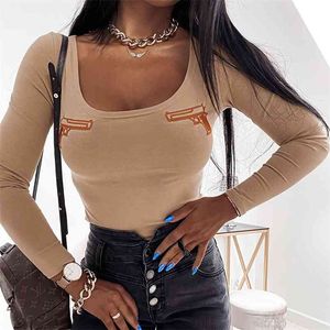 OMSJ Casual Trendy Gun Broderie Barboteuses À Manches Longues U Cou Moulante Dames Body Automne Hiver Daily Streetwear Combinaisons 210715
