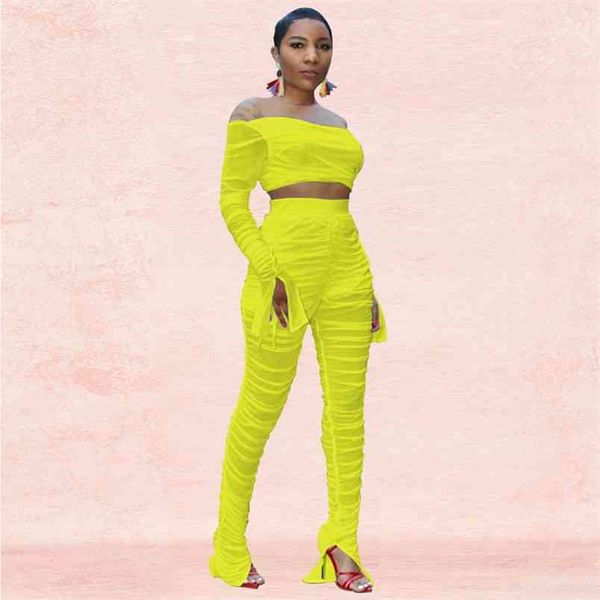 OMSJ Néon Couleur Mesh Sheer Deux Pièces Ensemble Femmes Mode Évider À Manches Longues Tenues Sportive Active Wear Crop Top Et Pantalon Ensembles 210517