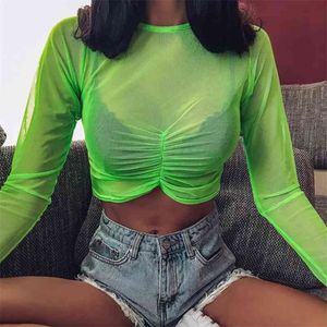 OMSJ Neon Green Transparent Crop Top Lange Mouw Mesh See Door Women Sexy Shirt Casual Mode T Streetwear 210517