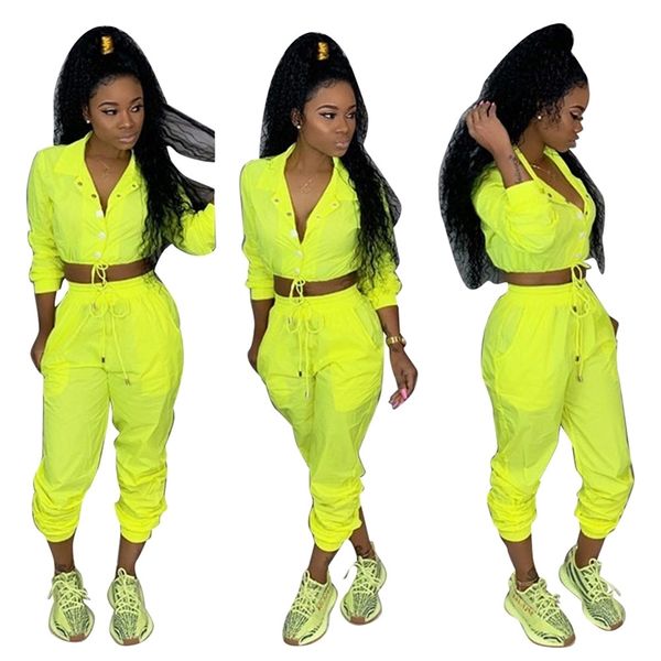 OMSJ Neon Yellow Pink Two Piece Set Crop Top y pantalones Chándal Sexy Casual Summer Clothes Spring Sweat Suits 210517