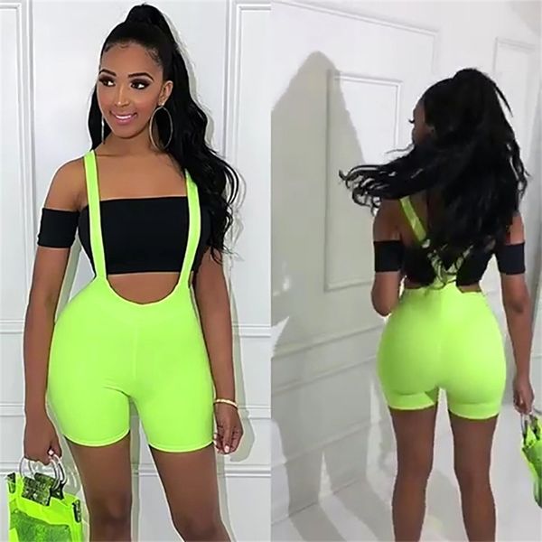 OMSJ Sexy Néon Vert Spandex Shorts Femmes D'été De Mode Salopette Extensible Taille Haute Sweat Biker Pantalon Court 210517