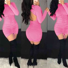 OMSJ Style Solide Couleur Skinny Femmes Tendance Sexy Charme Party Club Robe À Manches Longues Plissée Mini Bandage Dos Nu Robes 210517