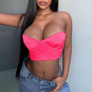 OMSJ Zomer Hoge Steet Neon Roze / Orange Short Tank Top Sexy Party Clubwear Backless Festival Kleding Bodycon Tube Top 210517