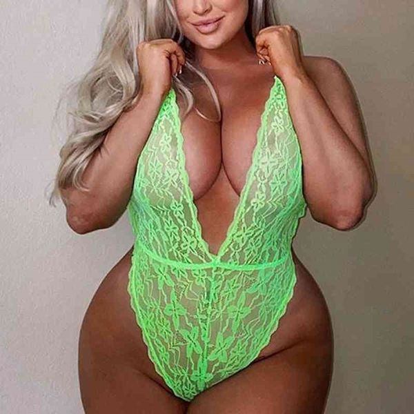 OMSJ Femmes Plus La Taille Col En V Profond Dentelle Body Transparent Spaghetti Strap Sans Manches Sexy Lady Barboteuses Femme XL-5XL Vert 210401