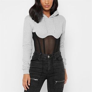 OMSJ Femmes Pulls Molletonnés À Manches Longues Automne Noir / Gris Maille Transparent Dentelle Rayé Patchwork Hoodies Casual Sweat À Capuche 210517