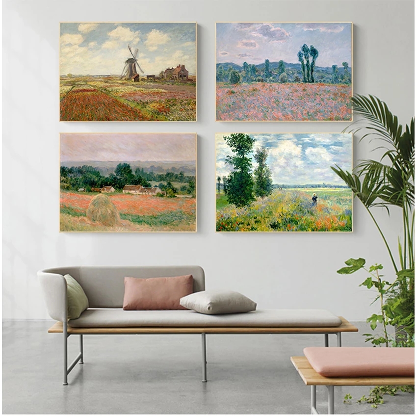 sur Toile Affiches et Peintures Mur Photo pour Salon Claude Monet Peupliers Champs De Pavot Paysage Impressionniste Peinture À L'huile Woo