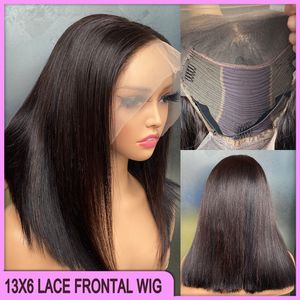 En venta Malasia Peruano Brasileño Natural Negro Sedoso Recto 13x6 Transparente Encaje Frontal Bob Peluca 100% Crudo Virgen Remy Cabello humano grueso