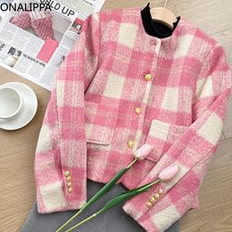 Onalippa – manteau en laine à carreaux rose contrasté, col rond, simple boutonnage, vestes amples, petits boutons métalliques parfumés pour femmes, 240202