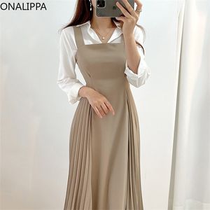 ONALIPPA Vestidos de mujer Otoño Estilo de temperamento coreano Lazo de solapa Camisa de manga larga Vestido de tirantes plisado lateral de cintura alta 220221