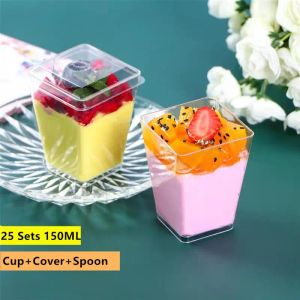 Onderdelen 25 Sets 150ml Vierkante Jelly Cup Wegwerp Puddingbeker Mini Moussebeker met Deksel Lepelset voor Winkel Restaurant Bar