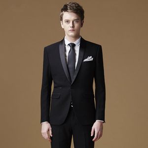 One Button Black Groom Tuxedos Sjaal Revers Mannen Past 2 Stuks Bruiloft / Prom / Diner Blazer (Jack + Pants + Tie) W816