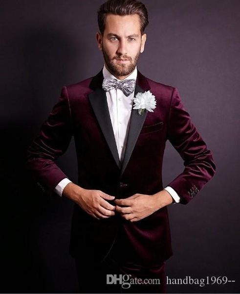 Un bouton rouge foncé velours marié Tuxedos revers cranté homme bal Blazer hommes robe de mariée costumes (veste + pantalon + cravate) D: 59