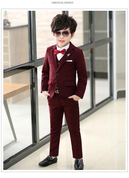 Un botón de alta calidad Crimson Kid Diseñador completo Chico guapo Traje de boda Traje de niños A medida (chaqueta + pantalón + corbata + chaleco) A A