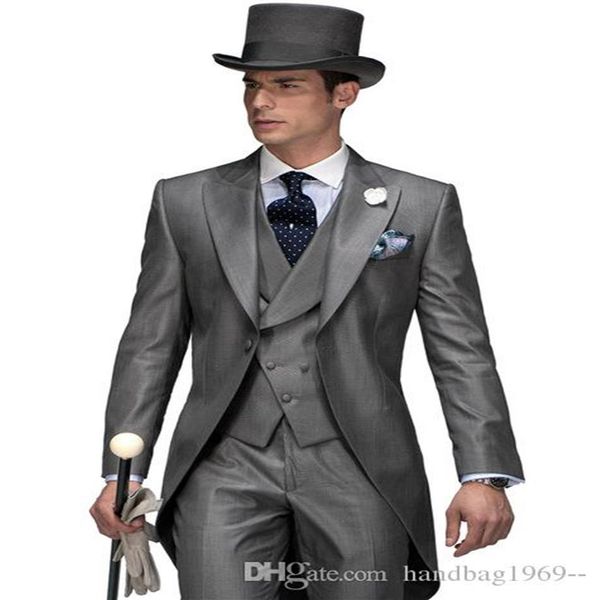 Traje de un botón estilo de la mañana Traje de novio gris brillante Solapa de pico Trajes de fiesta de boda para hombre 3 piezas Blazer Chaqueta Pantalones Chaleco Tie281I