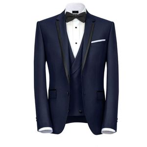 Un bouton bleu marine mariage formel hommes costumes revers cranté nouveau trois pièces affaires marié smokings (veste + pantalon + gilet + cravate) W928