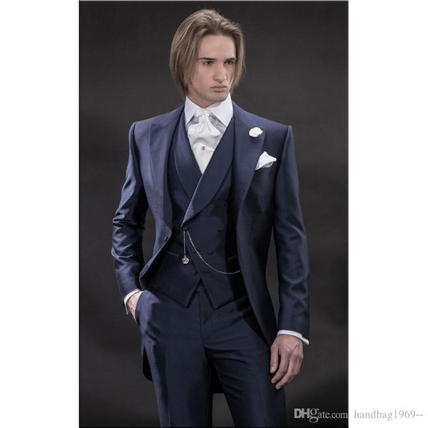 Un botón Azul marino Novio Tailcoat Peak Lapel Trajes de mañana para hombre Trajes de negocios para fiesta de bodas 3 piezas Blazer Chaqueta Pantalones Chaleco 214r