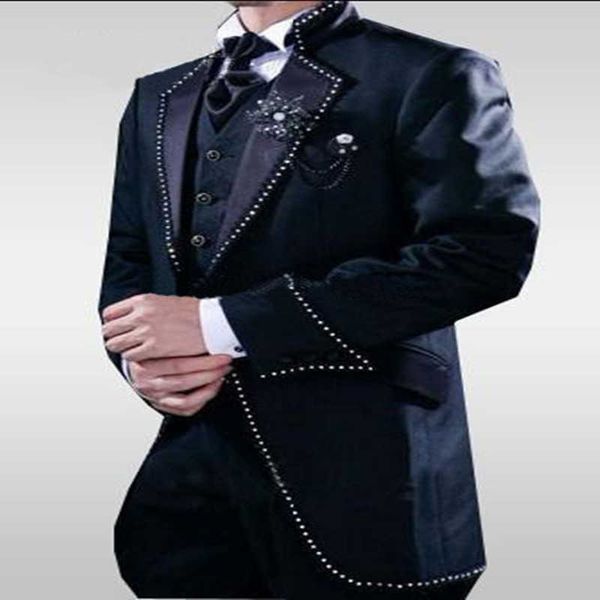 Un bouton marine long Blazer marié Tuxedos garçons d'honneur hommes mariage fête costumes de bal 2020 (veste + pantalon + gilet + cravate) sur mesure Plus X0909