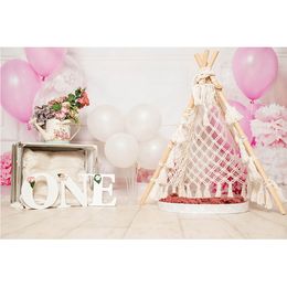 Een cake smash -achtergrond voor kinderen ballonnen bloemen bohemia tent meisjes verjaardag achtergrond fotoshoot 1e pasgeboren fotocall