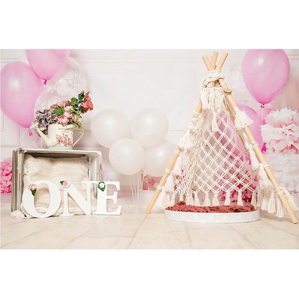 One Cake Smash Backdrop for Children Flowers Flowers Bohemia Tent Girls Birthday Background Shoot Fotos 1er recién nacido Photocall