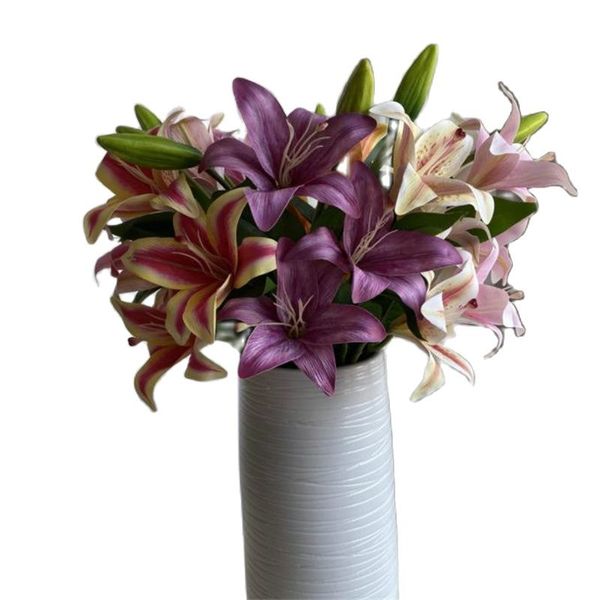 Una flor de imitación de tallo largo, lirio con impresión 3D, 3 cabezas por pieza, simulación de tacto Real, Lilium Brownii para centros de mesa de boda