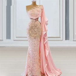 Une épaule en dentelle rose chic sirène robes de soirée appliques robes de fête femme robe de bal