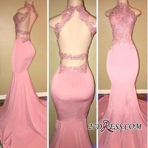 Nieuwe roze kant -mermaid prom jurken sexy hoge nek holle rug mouwloze appliques avondjurken dragen feestjurken