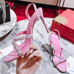Una línea con sandalias de tacón alto para mujer de cuero esmerilado con diamantes de imitación Diseñador de lujo Nuevos zapatos de fiesta de boda con tacón fino todo en uno Tamaños 35-43 + caja