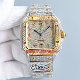 Eén luxe horloges AMG 40mm alle diamanten 18k goud 904L staal Miyota 9015 Automatische heren Watch Pave Diamant Arabische wijzerplaat Diamant armband heren polshorloges
