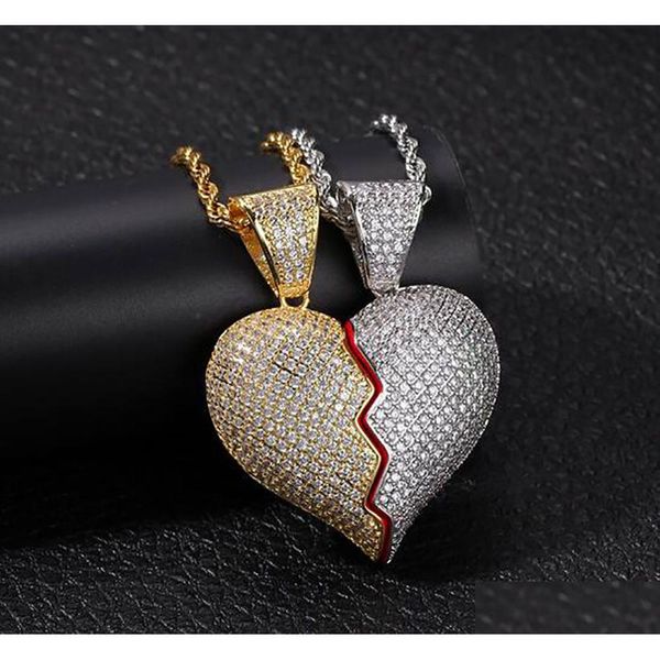 Une paire de pendentifs en forme de cœur glacé, bijoux en Zircon scintillant, collier de Couple pour la saint-valentin, pour hommes et femmes, cadeaux à la mode, livraison directe