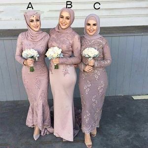 Vestidos de dama de honor musulmanes de manga larga de satén de alta calidad 2020 de una pieza con Hijab apliques de encaje vaina invitados de boda dama de honra adulto