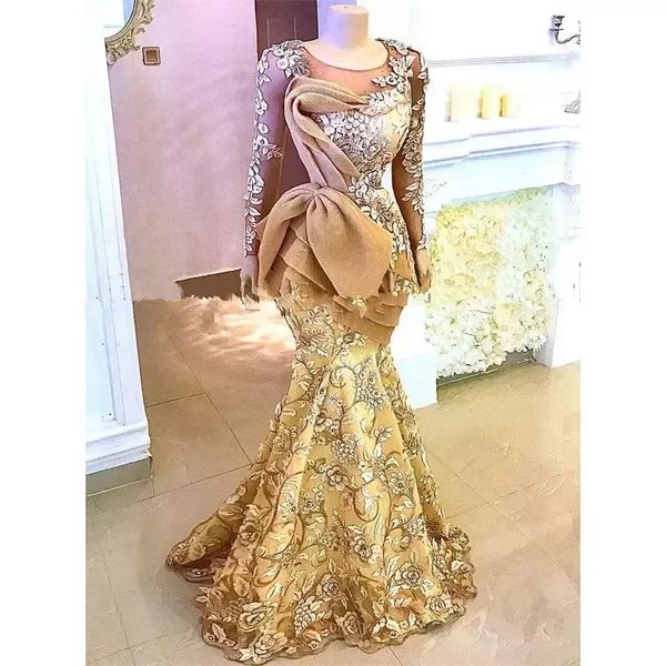 Una pieza Gold Aso Ebi Sirena Vestidos de noche Mangas largas Cuello escarpado Tren de barrido Tallas grandes Vestidos de fiesta de graduación de encaje floral para mujeres árabes 2022