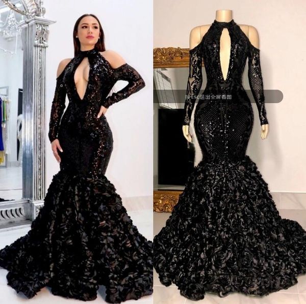 Une pièce NOUVEAU !!! 2022 Noir Jupes À Volants Robes De Bal Africain Col Haut 3D Dentelle Fleurs Paillettes Robes De Soirée Grande Taille Robe Réfléchissante