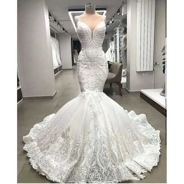 Una Uds nueva gama alta De encaje único sirena vestidos De novia apliques Dubai vestidos De novia con cuentas hecho a medida bata De Mariee