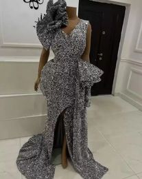 Één stks gewaad de soirée femme plus size avondjurken voor vrouwen zilveren partij sequin ASO EBI Split Mermaid Prom Reception jassen Sweep Train