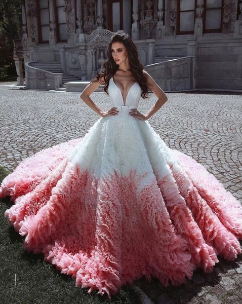 Una pieza Sexy cuello en V blanco y rosa completo de tul vestido de fiesta hinchado princesa vestidos de quinceañera hasta el suelo Vestido De fiesta dulce 16 vestido