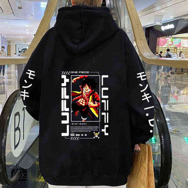 One Piece Anime Hoodie Luffy Motif Imprimer Pull Lâche Casual Hoodies Unisexe Polaire Sweats Streetwear Surdimensionné Vêtements Y211122