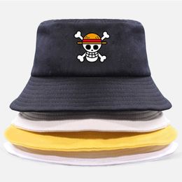 One Piece Bucket Hat Panama Cap el Rey Pirata Anime Luffy Harajuku Mujeres Hombres Algodón Al aire libre Protector solar Sombreros de ala ancha Gorras Q0805269E