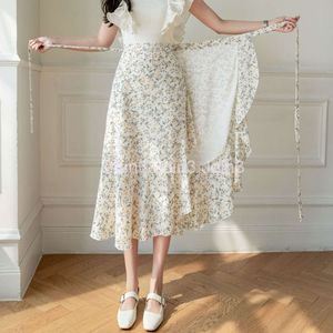 Één stuk chiffon rok voor dames zomer nieuwe stijl met tie-up billen gewikkeld rand gewikkeld rok met hoge taille a-line bloemen rok