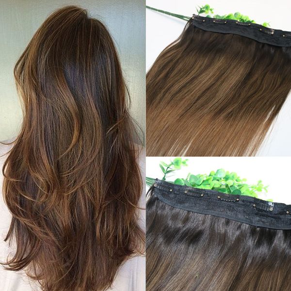 One Piece Clip In Human Hair Extensions 5Clips Avec Dentelle Droite Brésilienne Vierge Cheveux Ombre Brun Foncé Balayage 2/6